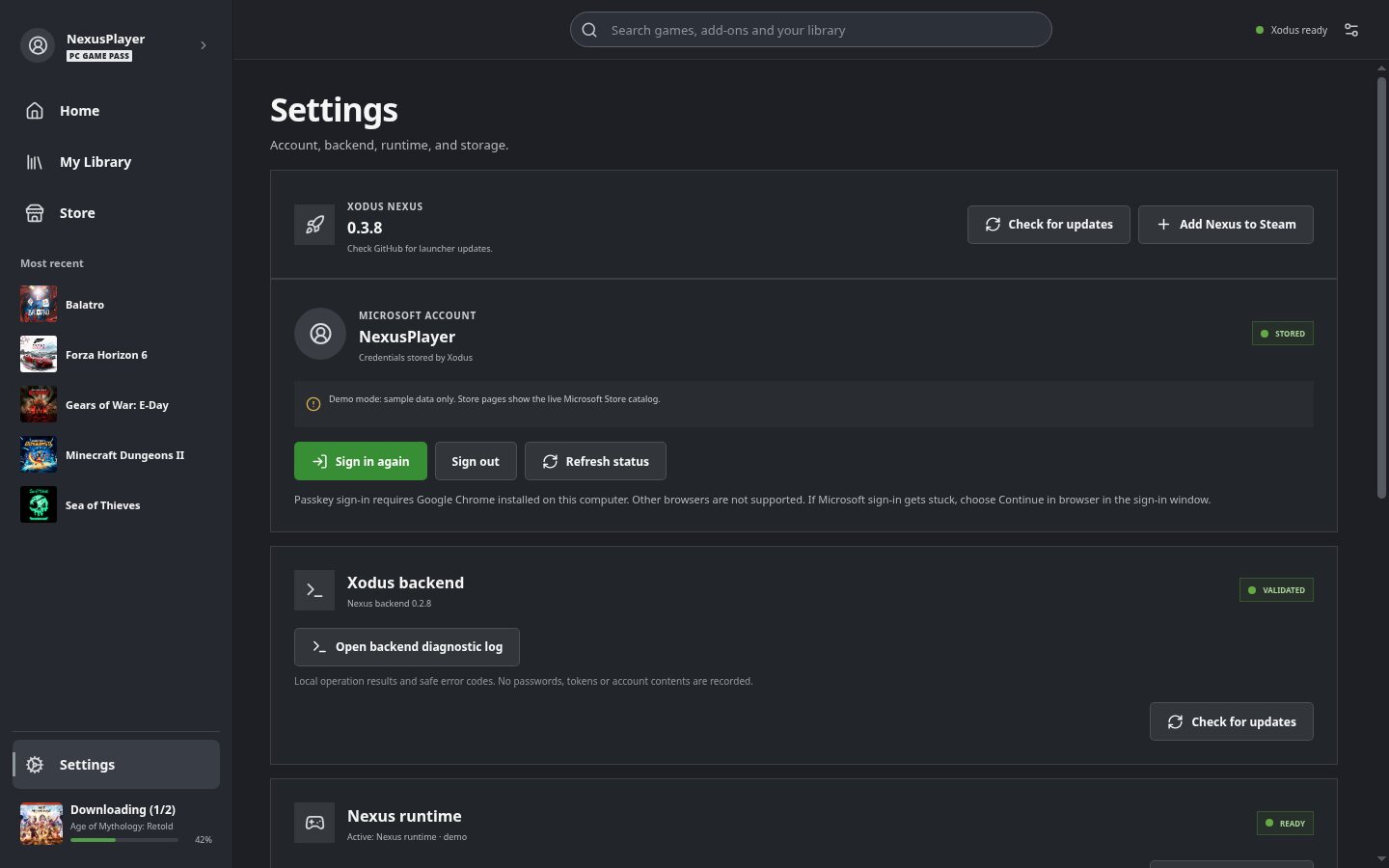 Ajustes de Xodus Nexus: la cuenta de Microsoft, el botón Add Nexus to Steam y las piezas Xodus backend y Nexus runtime con su estado