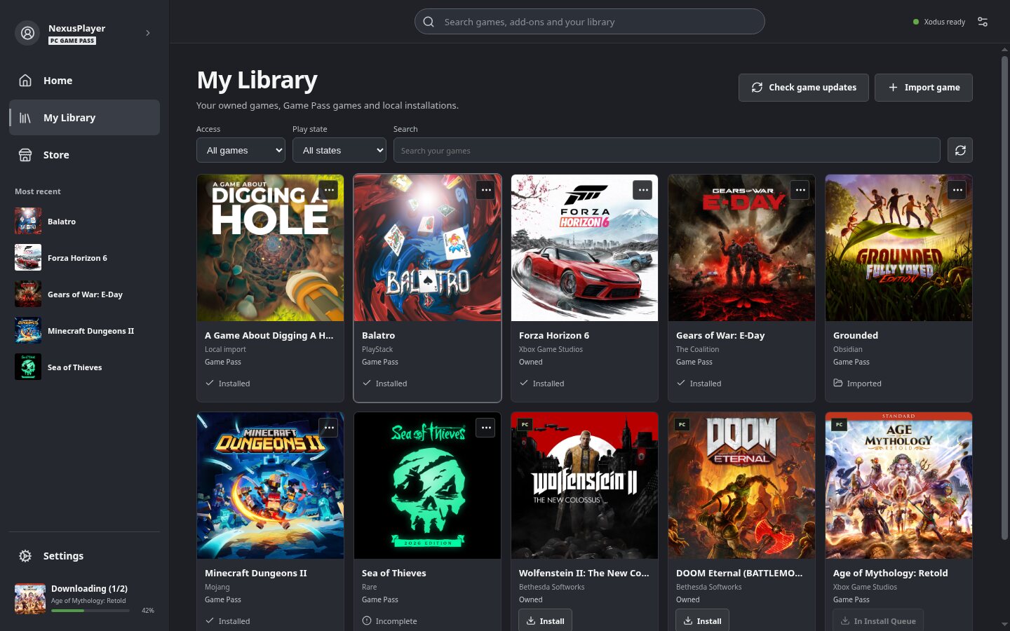Biblioteca de Xodus Nexus con juegos de Game Pass y comprados, como Forza Horizon 6, Gears of War: E-Day y Sea of Thieves, con su estado de instalación