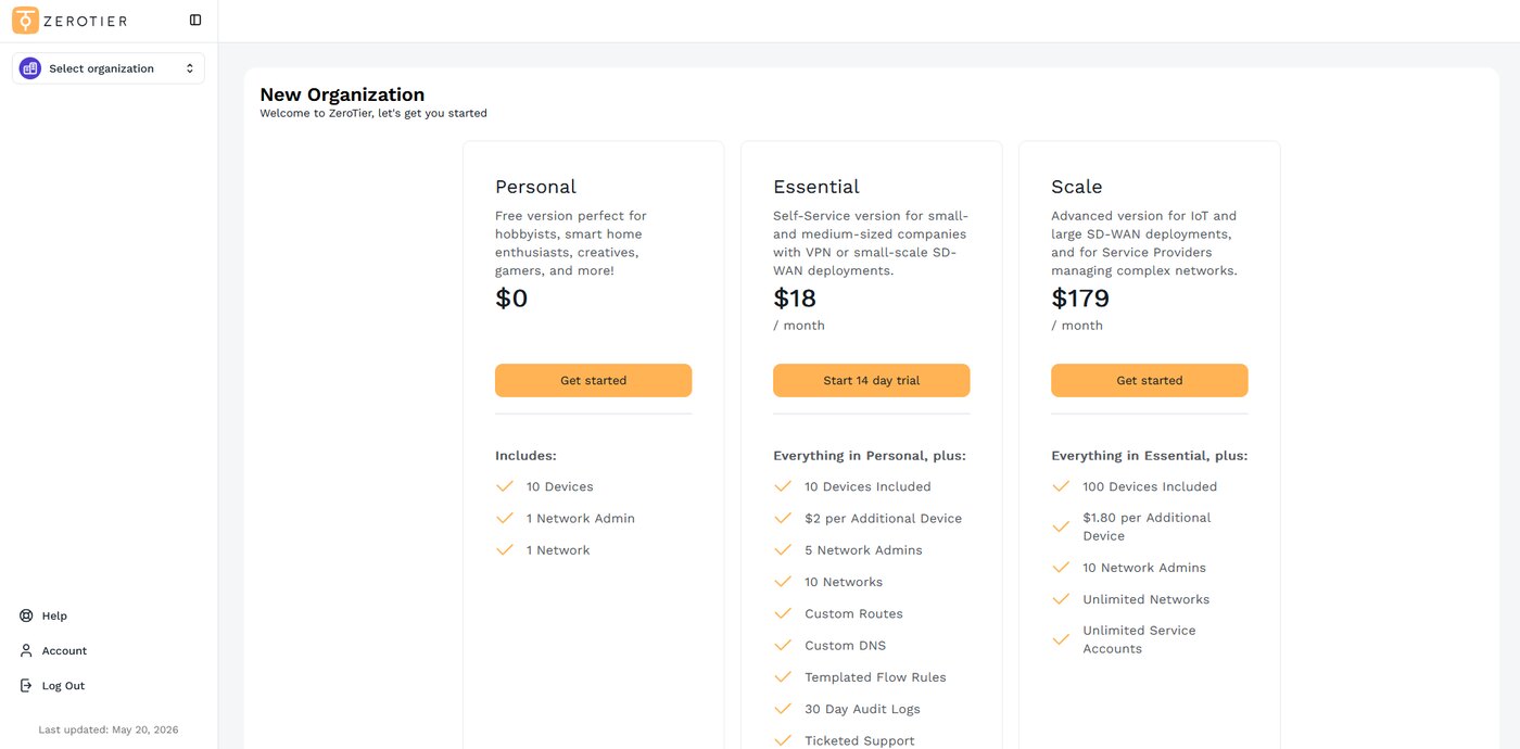 Pantalla New Organization de ZeroTier con los planes Personal a 0 dólares, Essential a 18 y Scale a 179; el Personal incluye 10 equipos, 1 administrador y 1 red
