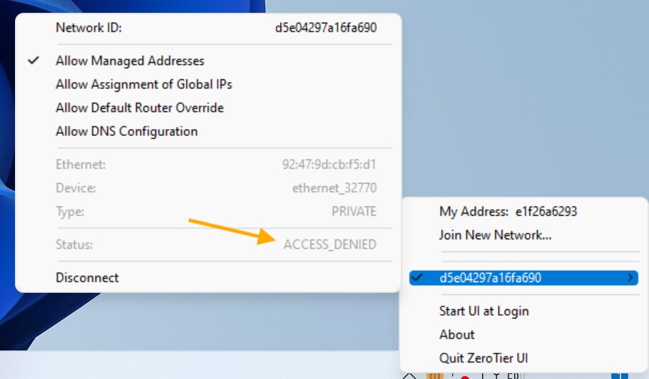 Menú de una red en ZeroTier en Windows con el estado ACCESS_DENIED señalado con una flecha
