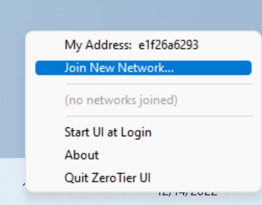 Menú de ZeroTier junto al reloj de Windows con My Address, Join New Network…, ninguna red unida, Start UI at Login, About y Quit ZeroTier UI