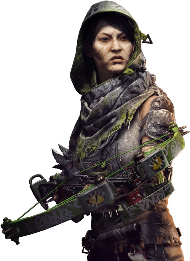 Shen Xiu, la cazadora, de pie con su arco y la ropa de cazadora, en el arte oficial del capítulo
