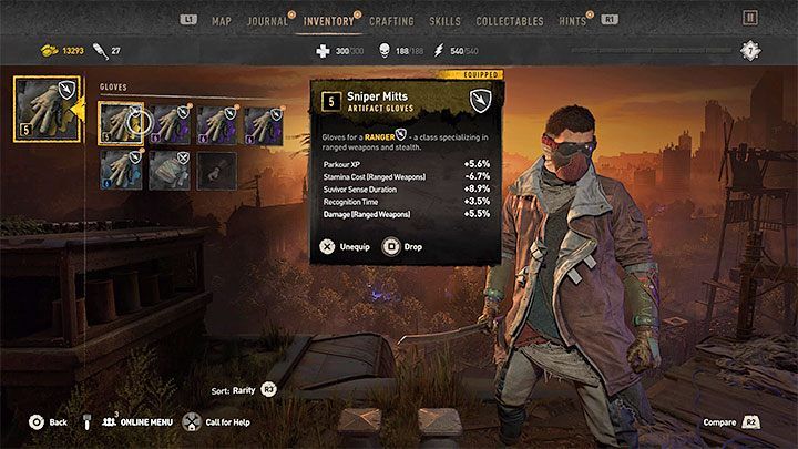 Inventario con la ficha de unos guantes Sniper Mitts de la clase a distancia