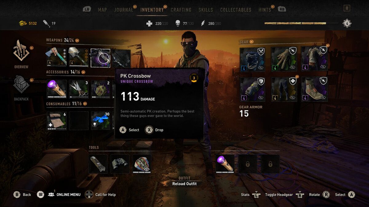 Inventario con la ficha de la ballesta PK Crossbow y el personaje equipado