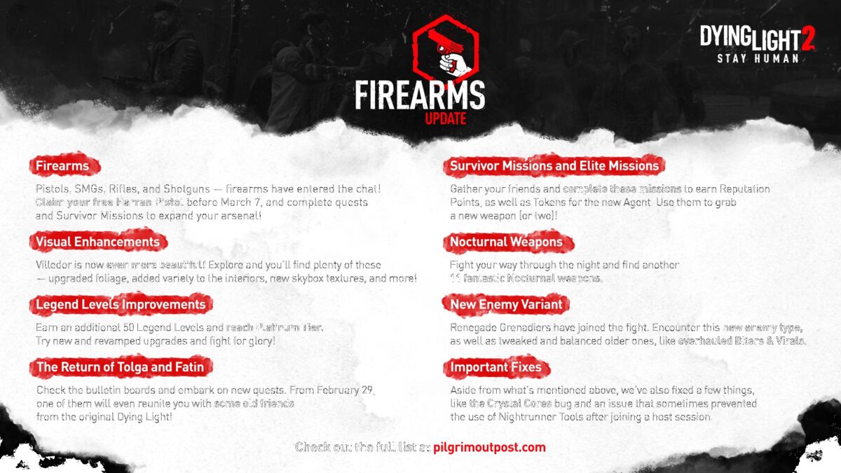 Cartel de la actualización de armas de fuego de Dying Light 2 con un logotipo rojo de pistola y sus novedades