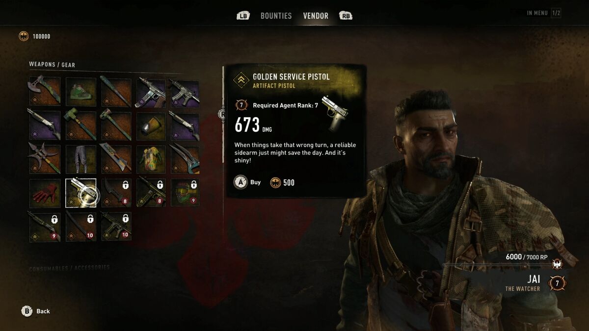 Tienda de Jai con la ficha de la Golden Service Pistol de calidad artefacto