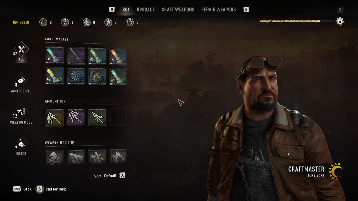 Pantalla del maestro artesano con la pestaña de reparar armas y el personaje al fondo