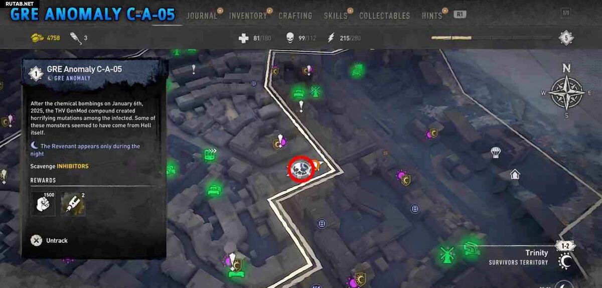 Mapa del juego con la anomalía C-A-05 marcada con un círculo rojo en Trinity y su tarjeta de objetivos a la izquierda