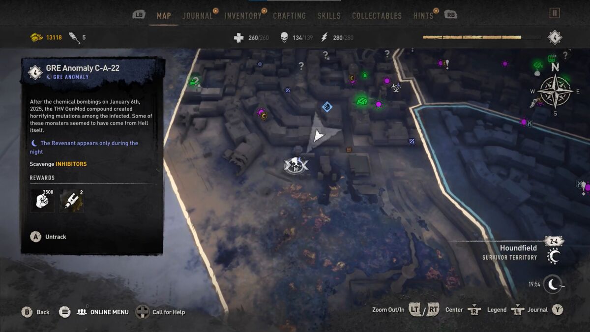 Mapa del juego en Houndfield con la anomalía GRE C-A-22 y su tarjeta de objetivos y recompensas