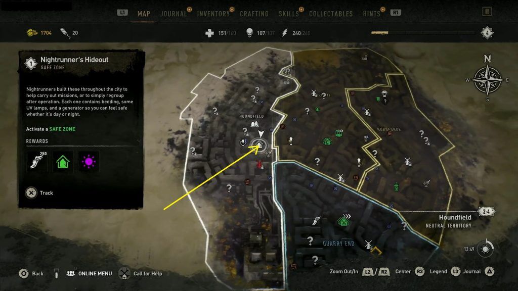 Mapa de Houndfield con una flecha amarilla que señala el escondite de corredor nocturno y su ficha de zona segura