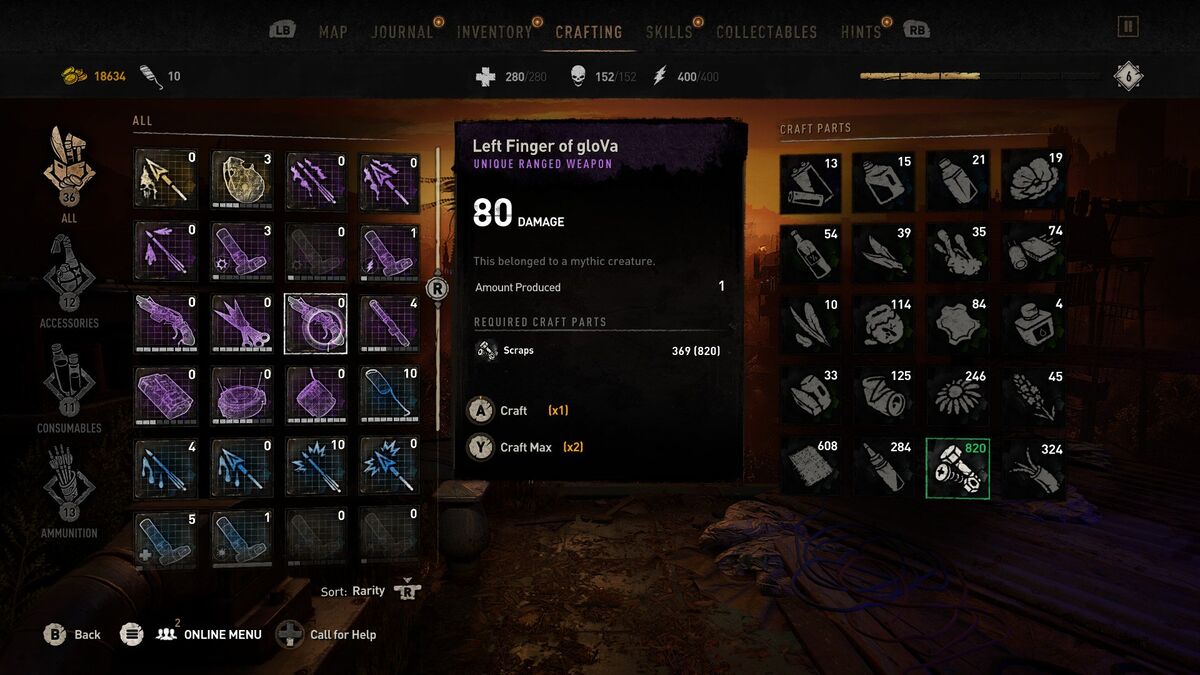 Inventario del juego con la ficha del arma Left Finger of gloVa