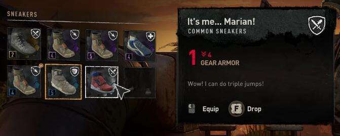 Menú de zapatillas del juego con la ficha de It's me... Marian!, que dice «Wow! I can do triple jumps!»