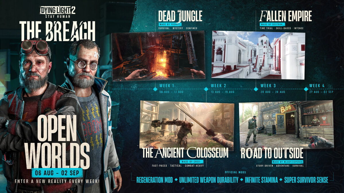 Cartel de The Breach, capítulo 3: Tolga y Fatin a la izquierda y los mapas Dead Jungle, Fallen Empire, The Ancient Colosseum y Road to Outside