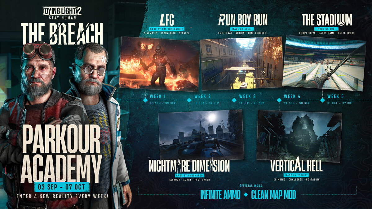 Cartel de The Breach, capítulo 4, Parkour Academy: Tolga y Fatin a la izquierda y los mapas LFG, Run Boy Run, The Stadium, Nightmare Dimension y Vertical Hell