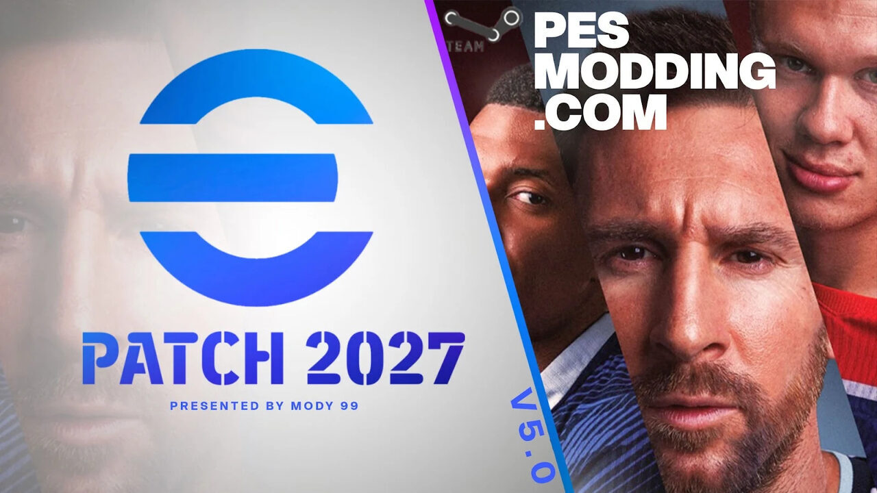 Cartel del ePatch 2027 versión 5.0 con el logotipo de eFootball y rostros de jugadores a la derecha, con la marca de pesmodding.com