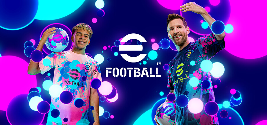 Dos futbolistas con la camiseta de eFootball rodeados de esferas de colores, junto al logotipo de eFootball