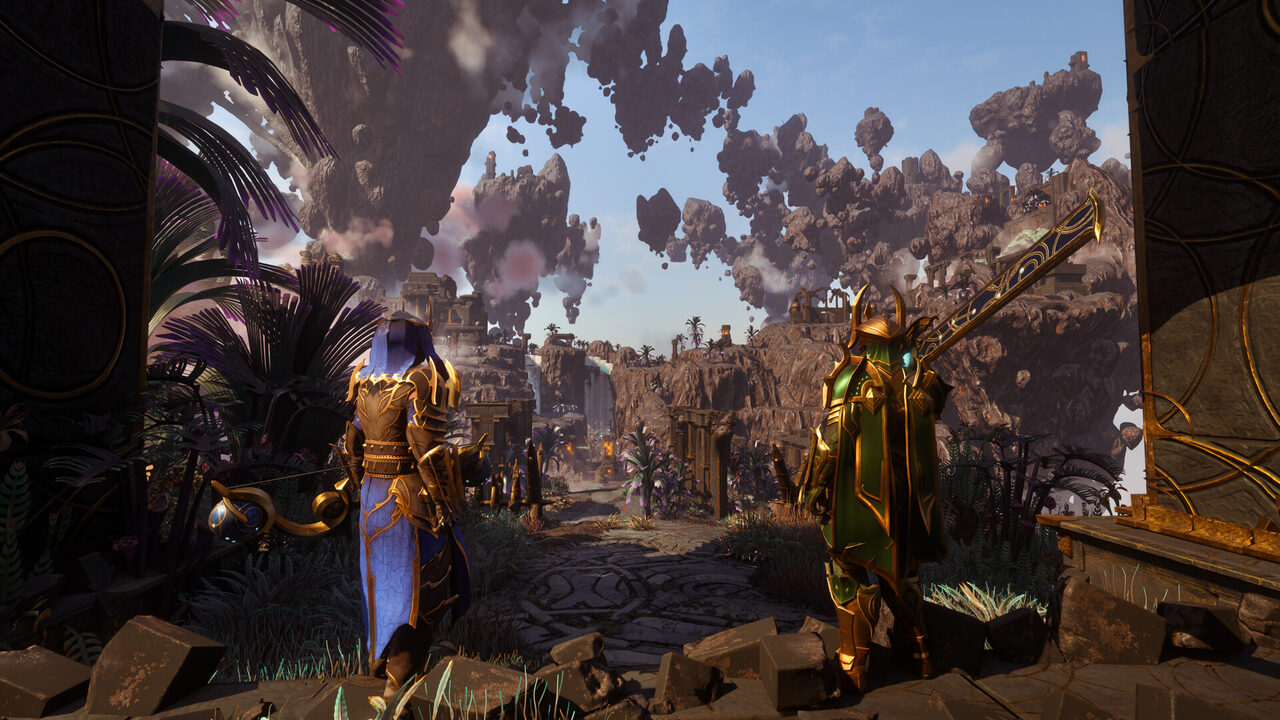 Dos personajes con armadura dorada en Cinder's Cradle, la región nueva de la 1.0, con islas de roca flotando en el cielo