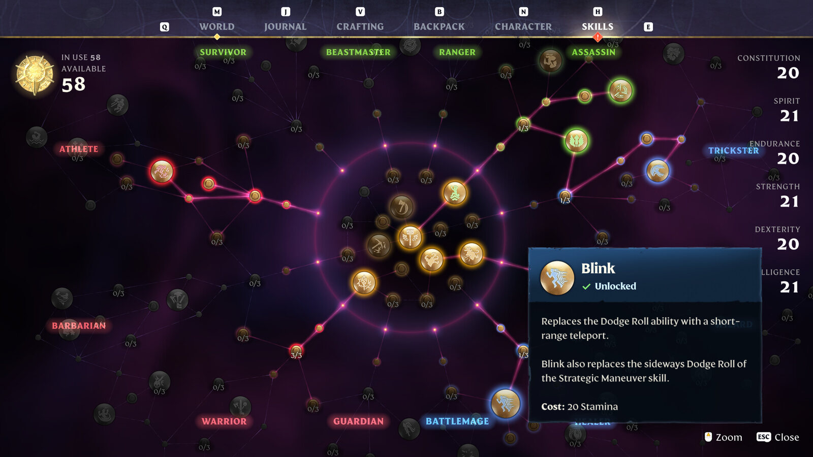 La pantalla de habilidades de Enshrouded con el círculo central y sus ramas y una ficha de la habilidad Blink desbloqueada