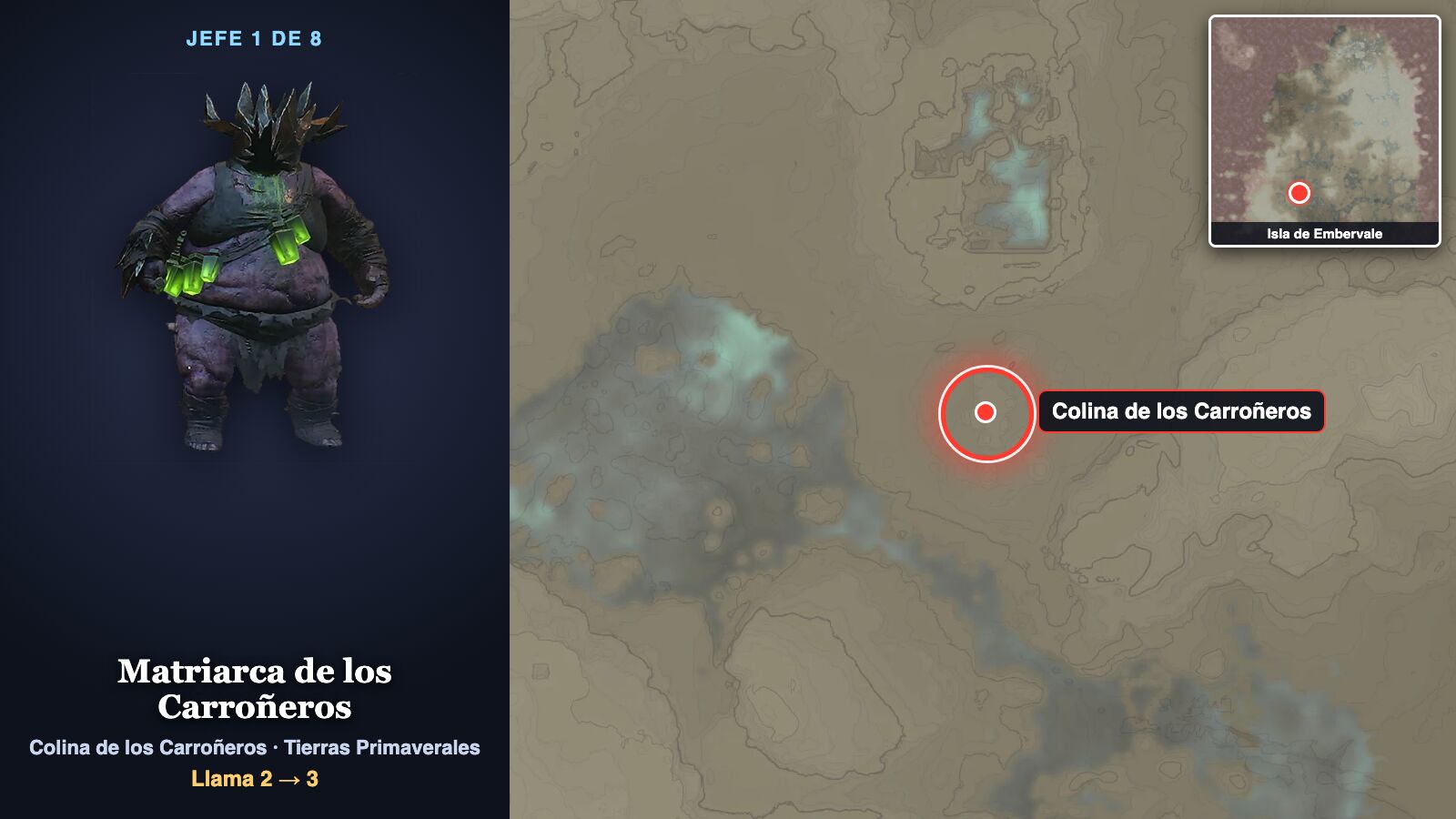 Ficha del jefe 1: la Matriarca de los Carroñeros, una figura corpulenta de piel morada con frascos verdes, junto al mapa de la isla con un círculo rojo sobre la Colina de los Carroñeros