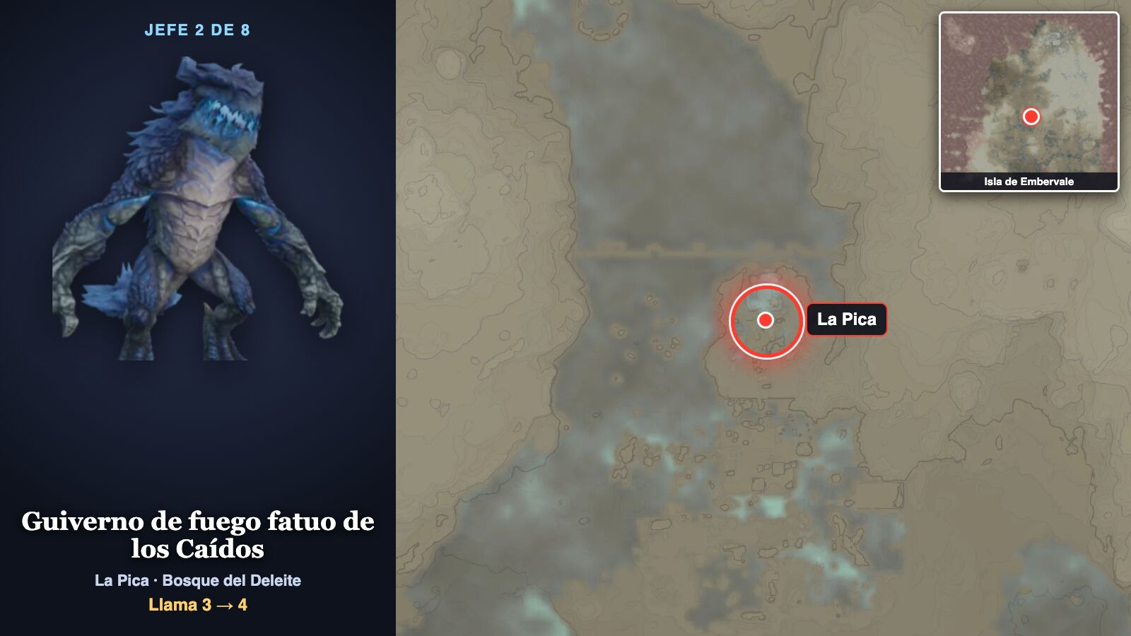 Ficha del jefe 2: un guiverno azul con la boca abierta, junto al mapa de la isla con un círculo rojo sobre La Pica