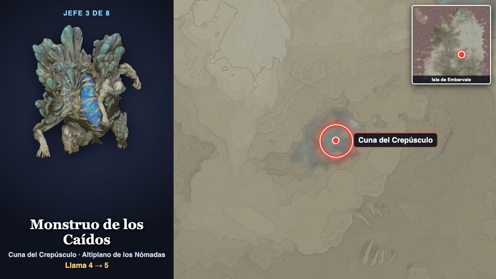 Ficha del jefe 3: el Monstruo de los Caídos, una criatura de hojas verdes azuladas con una cavidad azul en el pecho, junto al mapa con un círculo rojo sobre la Cuna del Crepúsculo