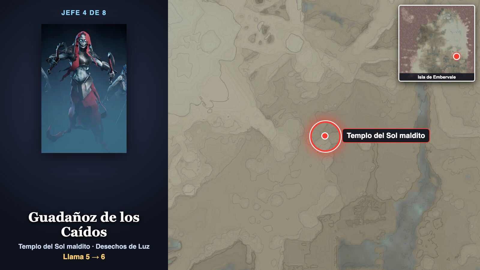 Ficha del jefe 4: el Guadañoz de los Caídos, una figura espectral con capucha roja y una hoz en cada mano, junto al mapa con un círculo rojo sobre el Templo del Sol maldito