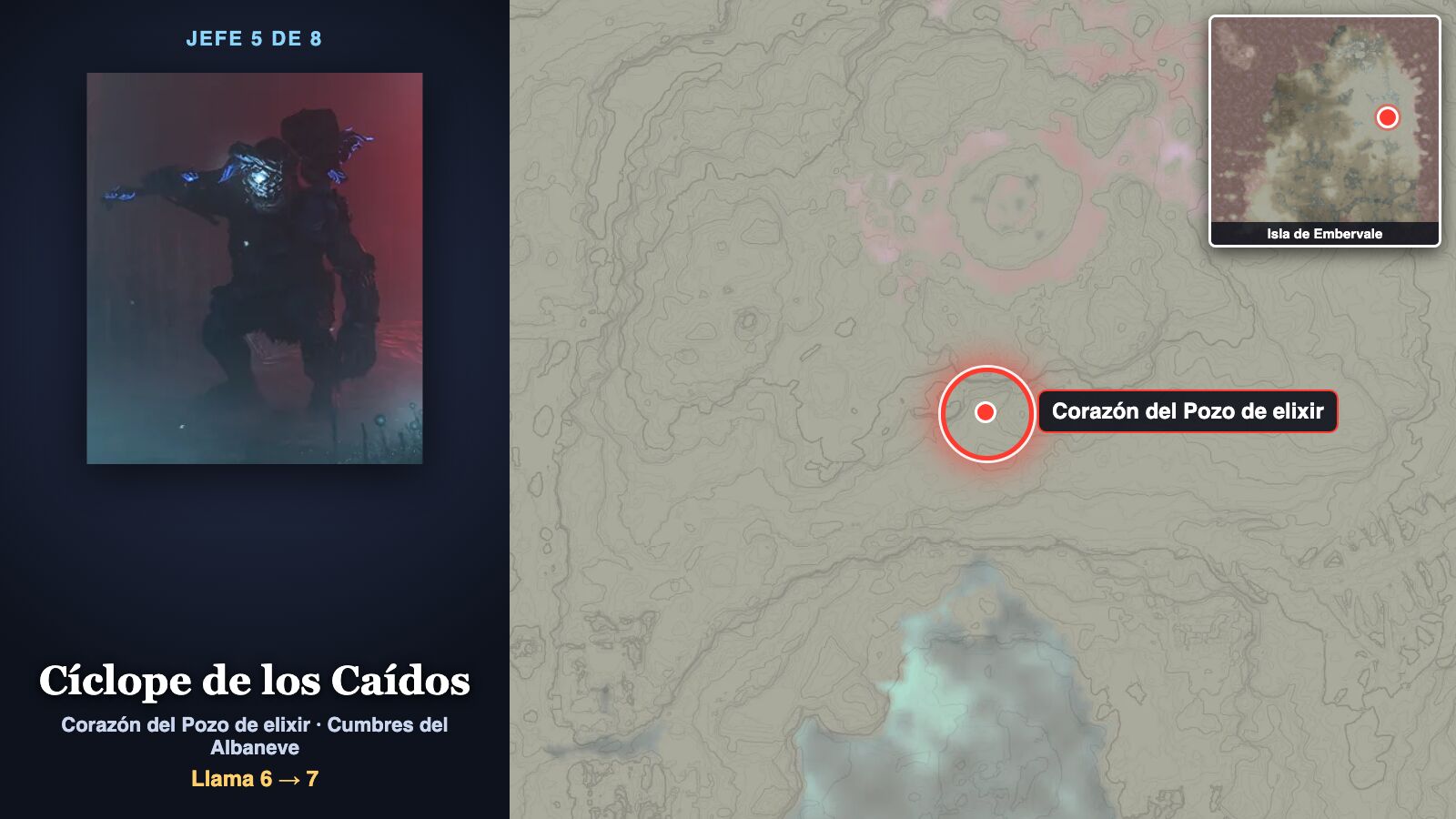 Ficha del jefe 5: el Cíclope de los Caídos, una silueta oscura y corpulenta con luces azules y un fondo rojo, junto al mapa con un círculo rojo sobre el Corazón del Pozo de elixir