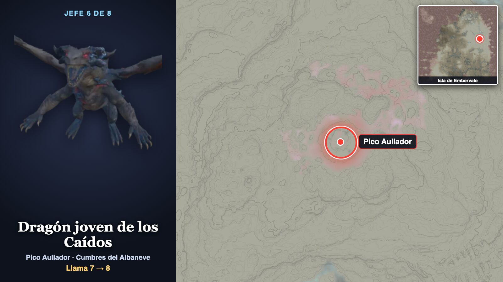 Ficha del jefe 6: el Dragón joven de los Caídos, un dragón de alas abiertas y ojos rojos, junto al mapa con un círculo rojo sobre el Pico Aullador
