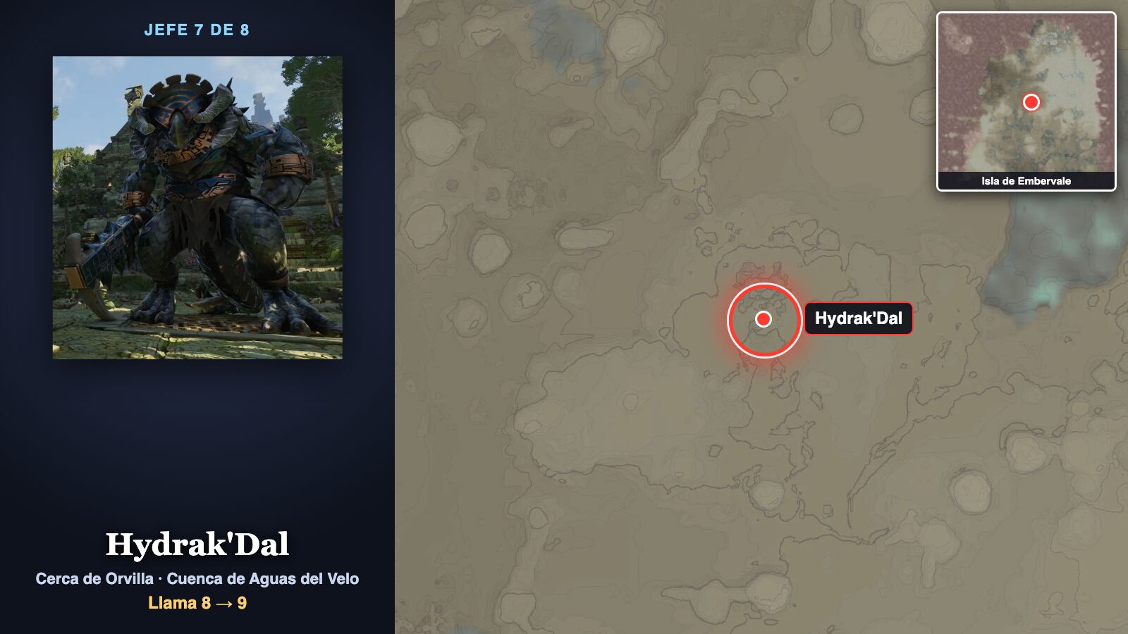 Ficha del jefe 7: Hydrak'Dal, una criatura acorazada con un casco de adornos de colores y una gran espada, junto al mapa con un círculo rojo cerca de Orvilla