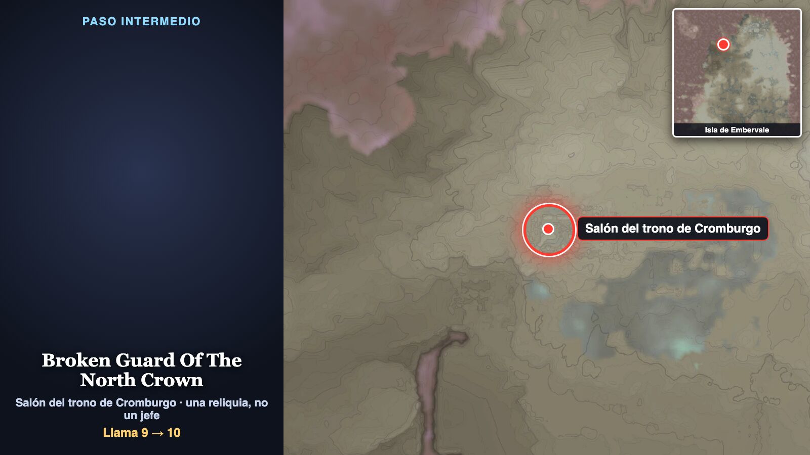 Ficha del paso intermedio: el mapa de la isla con un círculo rojo sobre el Salón del trono de Cromburgo