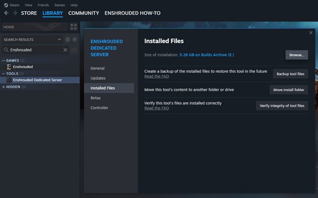 Propiedades del servidor en Steam, apartado Installed Files, con el botón Browse arriba a la derecha