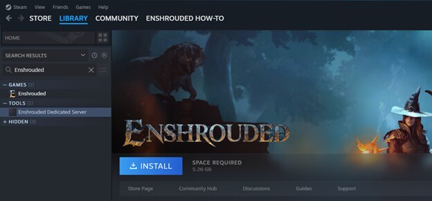 Biblioteca de Steam con Enshrouded Dedicated Server en el apartado Tools y el botón Install
