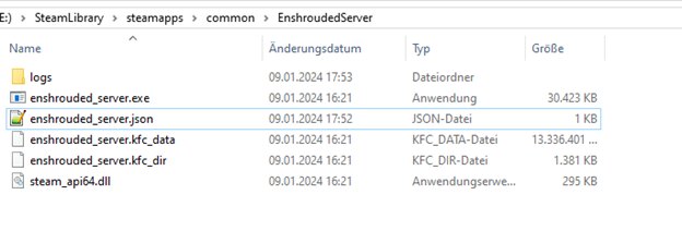 Carpeta del servidor en el Explorador de Windows con logs, enshrouded_server.exe y enshrouded_server.json marcado