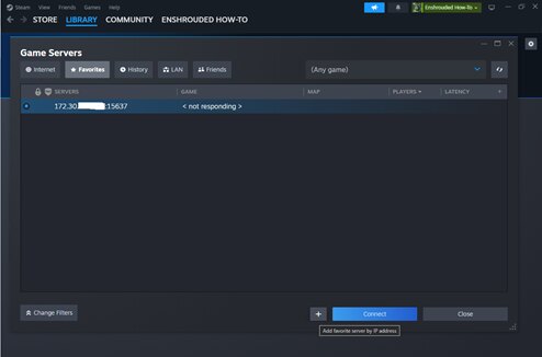 Ventana Game Servers de Steam en la pestaña Favorites con un servidor añadido por IP y el botón más para añadir otro