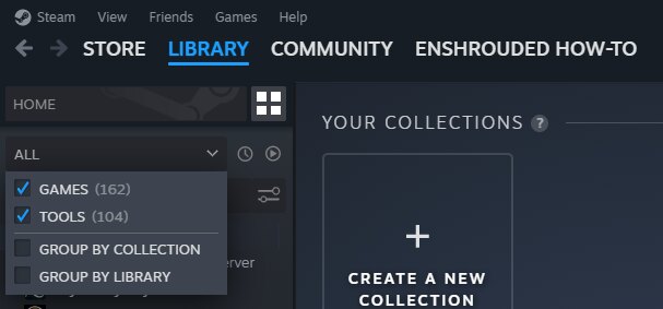 Biblioteca de Steam con el desplegable de arriba abierto y las casillas Games y Tools marcadas