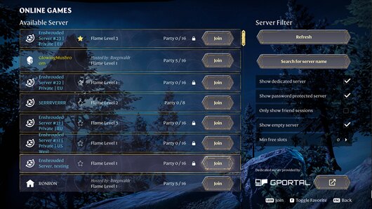 Lista de servidores del juego con varios servidores dedicados, una estrella de favorito y el filtro a la derecha con Show dedicated server marcado