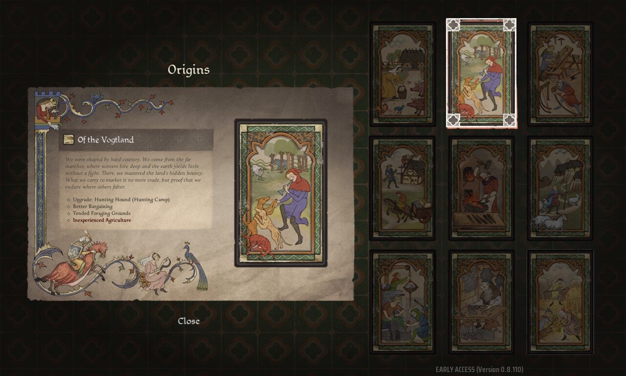 La pantalla de orígenes: nueve cartas ilustradas a la derecha y, a la izquierda, la de «Of the Vogtland» con sus cuatro efectos: perro de caza, mejor oferta, terrenos de recolección cuidados y agricultura inexperta