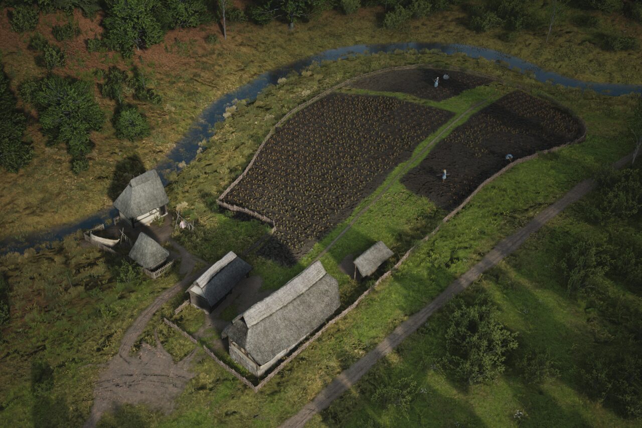 Campos de cultivo largos y estrechos que siguen la curva de un río, con tres edificios al fondo