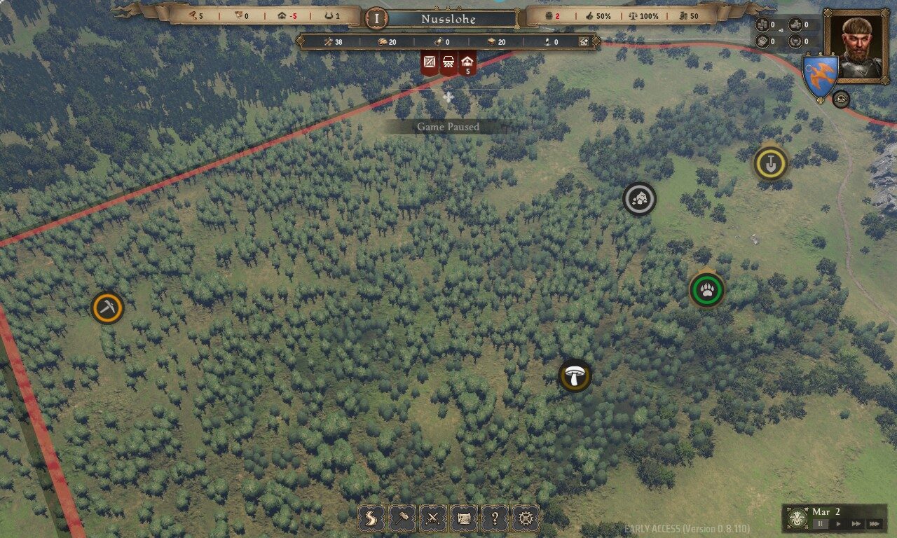 Vista aérea de una región de Manor Lords, con la partida en pausa, y los iconos de los recursos del mapa: hierro, setas, caza y arcilla