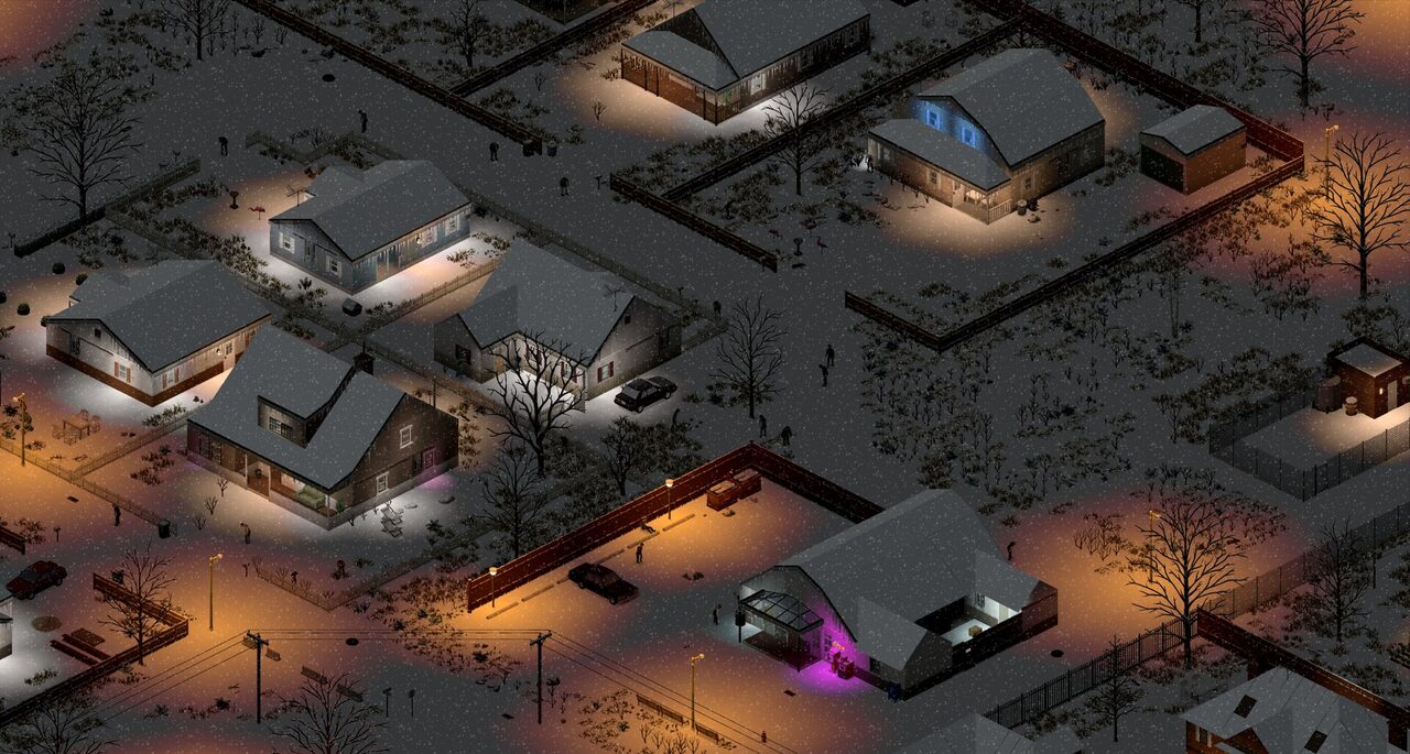 Un barrio de casas de noche, con las ventanas iluminadas, farolas encendidas y árboles sin hojas entre las parcelas