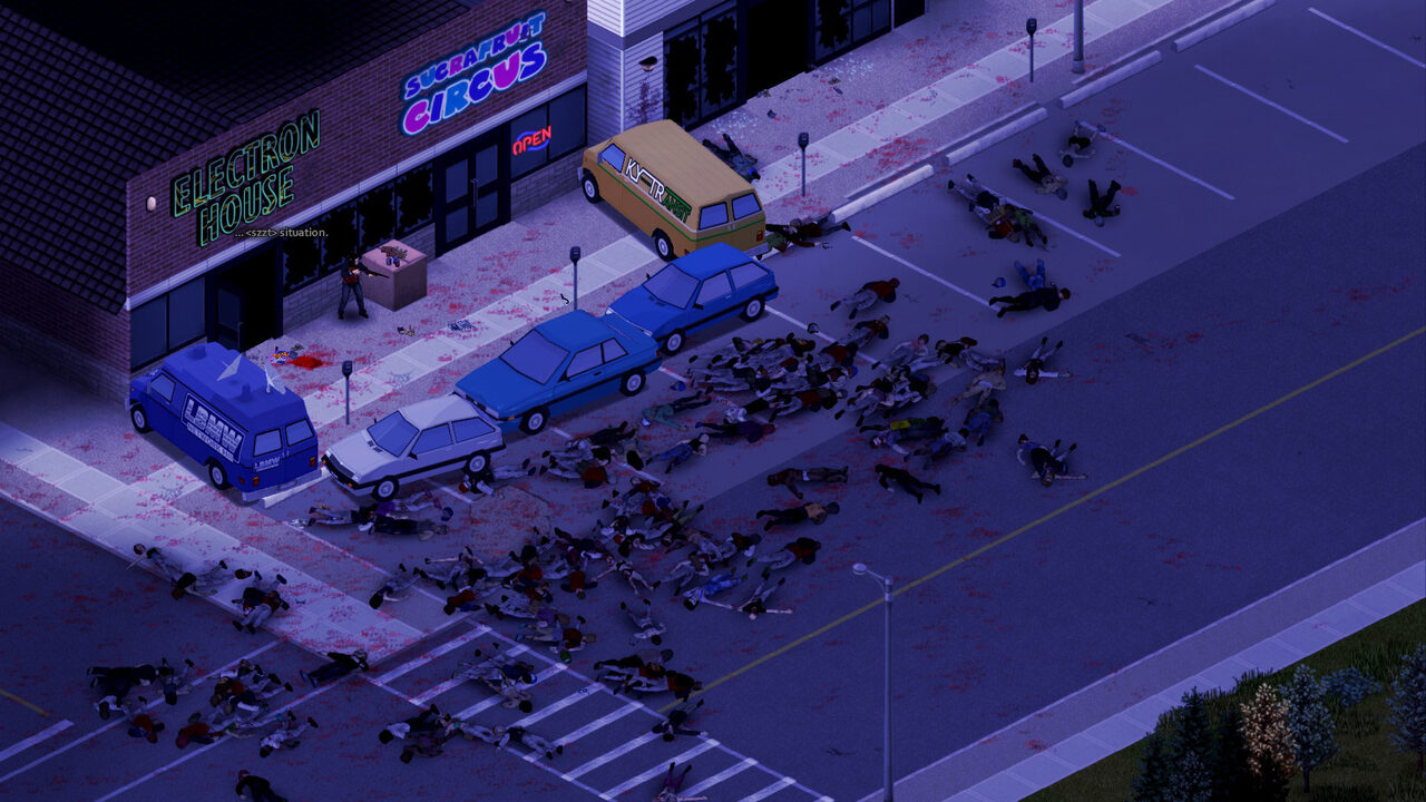 Una calle de noche con luz azulada, varias furgonetas y coches aparcados y decenas de zombis tendidos y de pie entre ellos