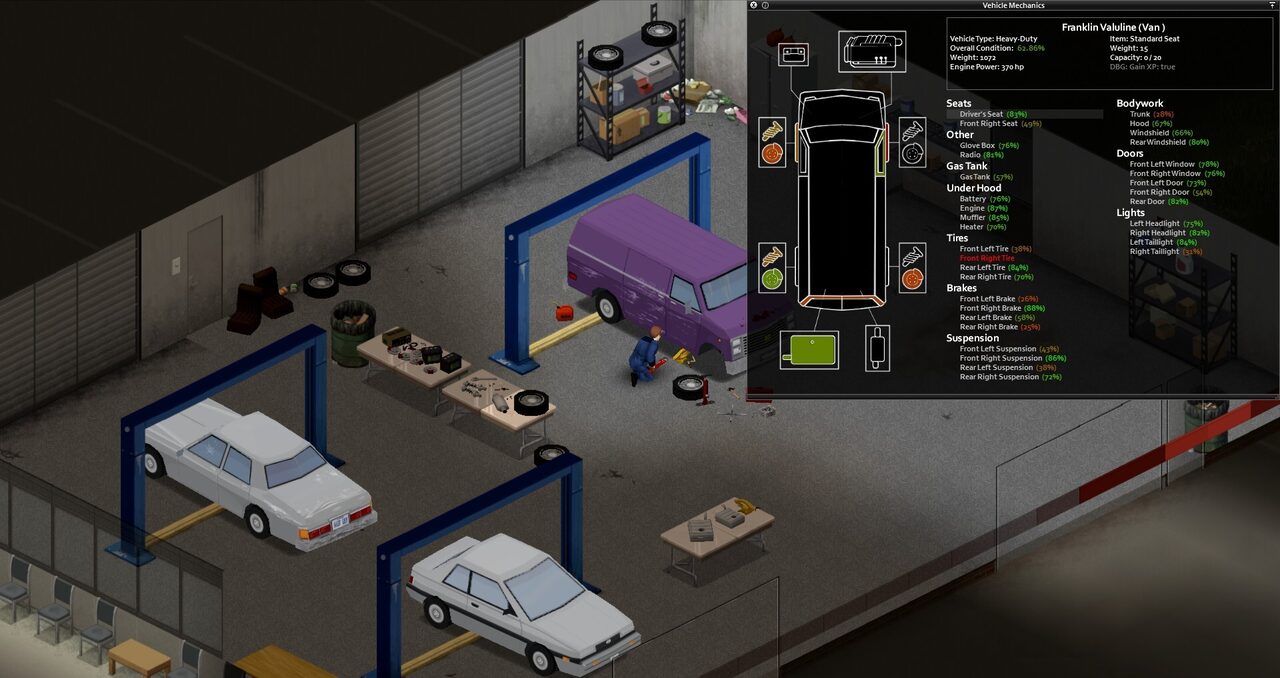 Un taller con una furgoneta morada en un elevador, dos coches blancos al lado y, a la derecha, el panel de mecánica del vehículo con sus piezas y su estado