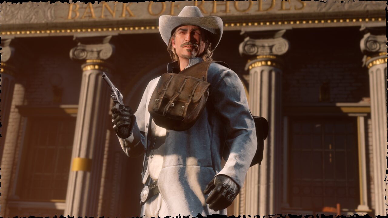 Un hombre con sombrero blanco y una bolsa de cuero cruzada, con un revólver en cada mano, ante las columnas del Banco de Rhodes