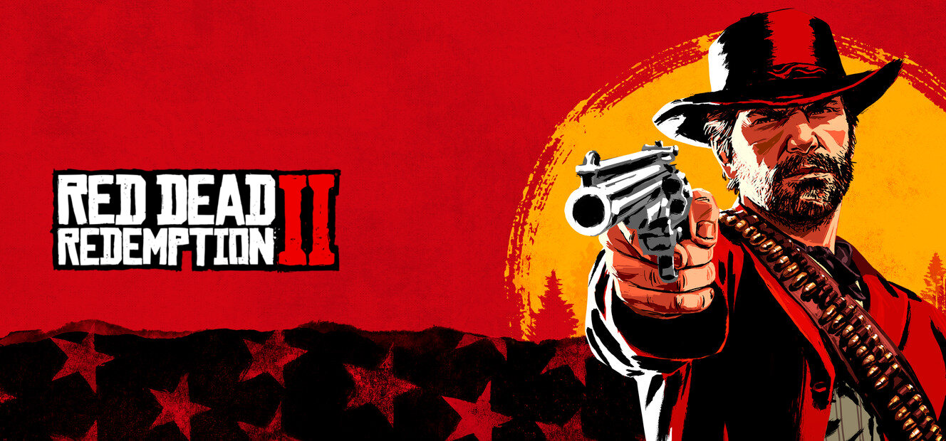 Arthur Morgan con sombrero apunta con un revólver ante un fondo rojo con estrellas, junto al logotipo de Red Dead Redemption 2