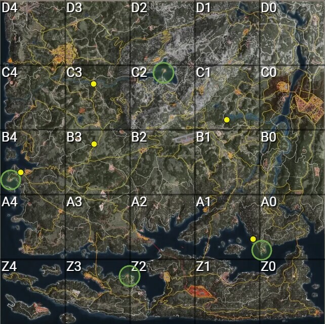 Mapa aéreo de la isla de SCUM dividido en una cuadrícula de sectores, de D4 a D0 arriba y de Z4 a Z0 abajo, con cuatro círculos verdes de zonas seguras y varios puntos amarillos