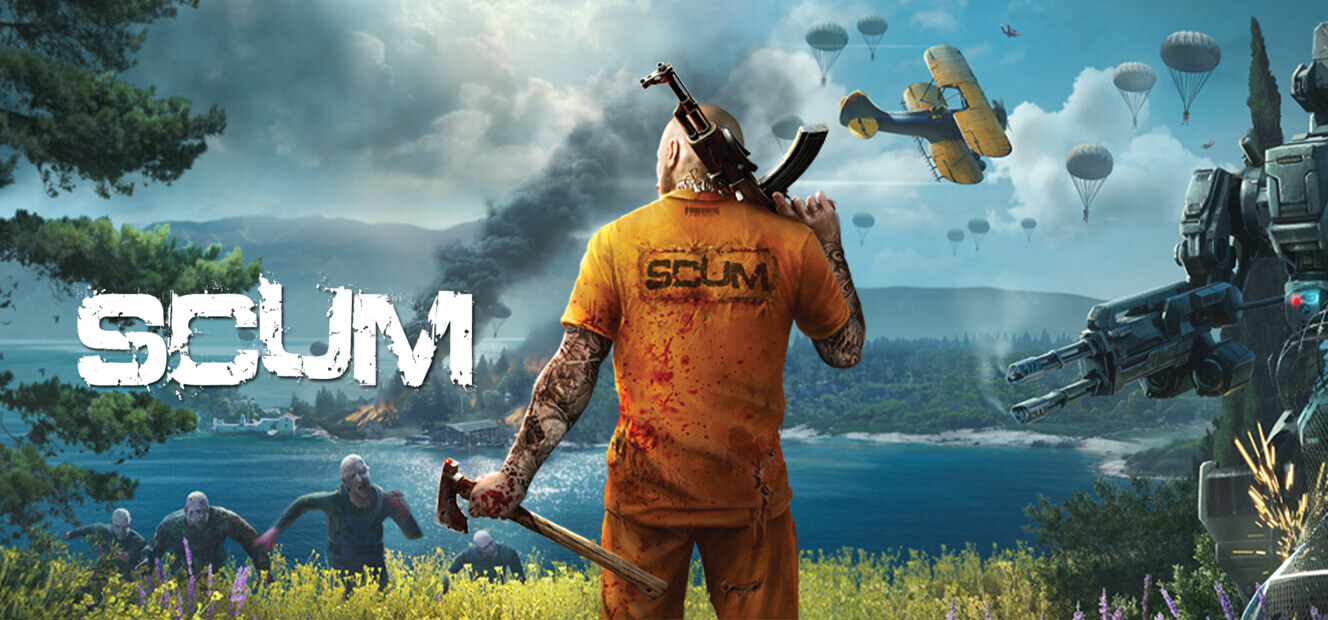 Un preso con mono naranja y un hacha de espaldas, mirando una isla con paracaidistas y un robot, junto al logotipo de SCUM