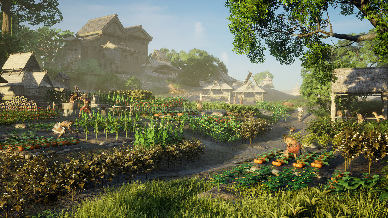 Una aldea de casas de madera junto a un camino con campos de verduras y calabazas, entre árboles