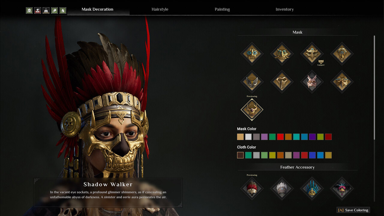 Pantalla de decoración de la máscara Shadow Walker, con un retrato de la máscara con plumas rojas a la izquierda y las opciones de color y accesorios a la derecha