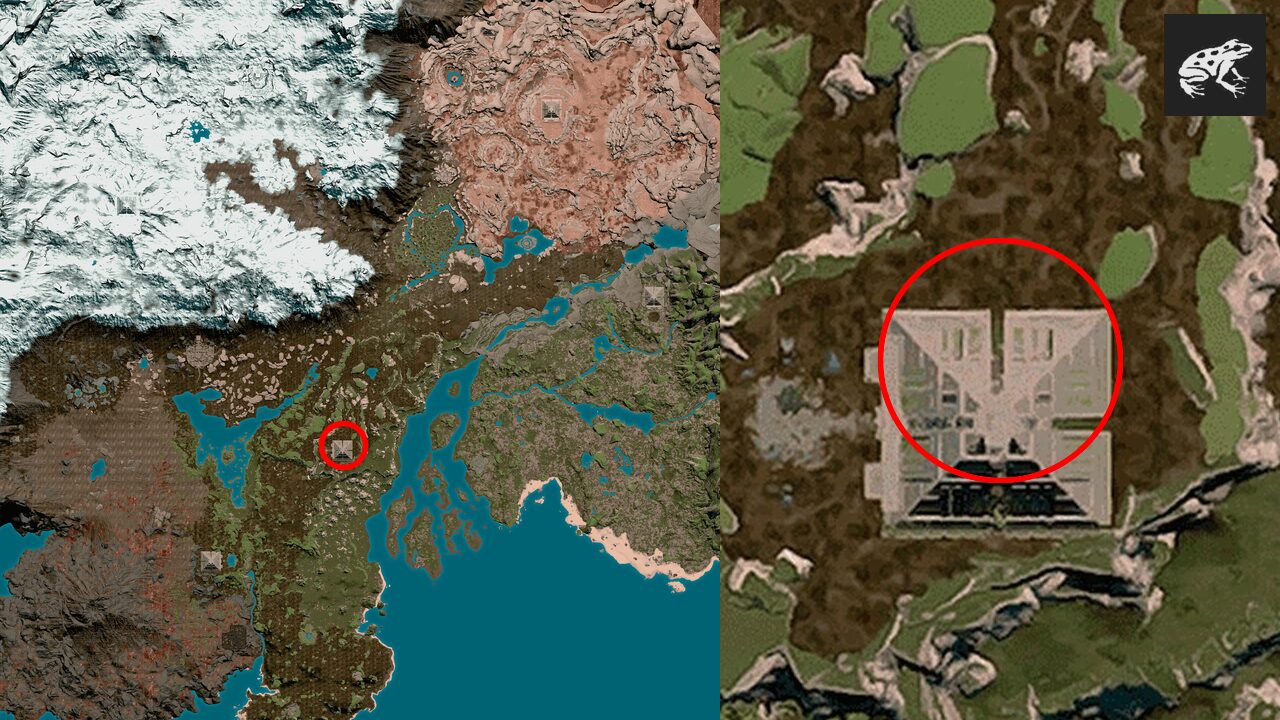 Mapa de Soulmask con un círculo rojo sobre la Pirámide de la Colina, en Lo Salvaje, en el centro del mapa base, y la pirámide vista desde arriba