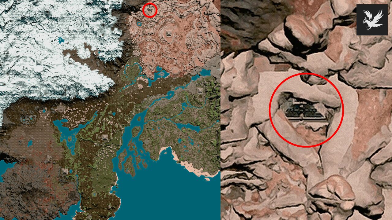 Mapa de Soulmask con un círculo rojo sobre la Pirámide del Desierto, en el yermo del norte, arriba, entre las rocas, y la pirámide vista desde arriba